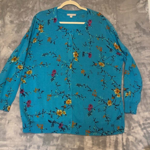 Woman Within Turquoise with Flowers Button Up Light Weight Cardigan Size 22/24 - Picture 1 of 5